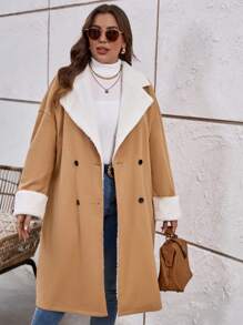 SHEIN LUNE 大碼雙排扣落肩泰迪熊襯里大衣 - 駝色 - 查看 5