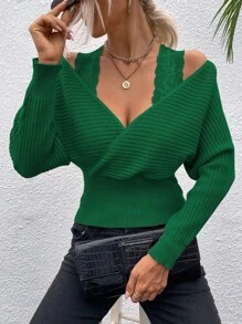SHEIN Essnce Ren tương phản Vai lạnh Tay áo dơi Cổ áo Chồng chéo Áo len - màu xanh lá - Xem 6