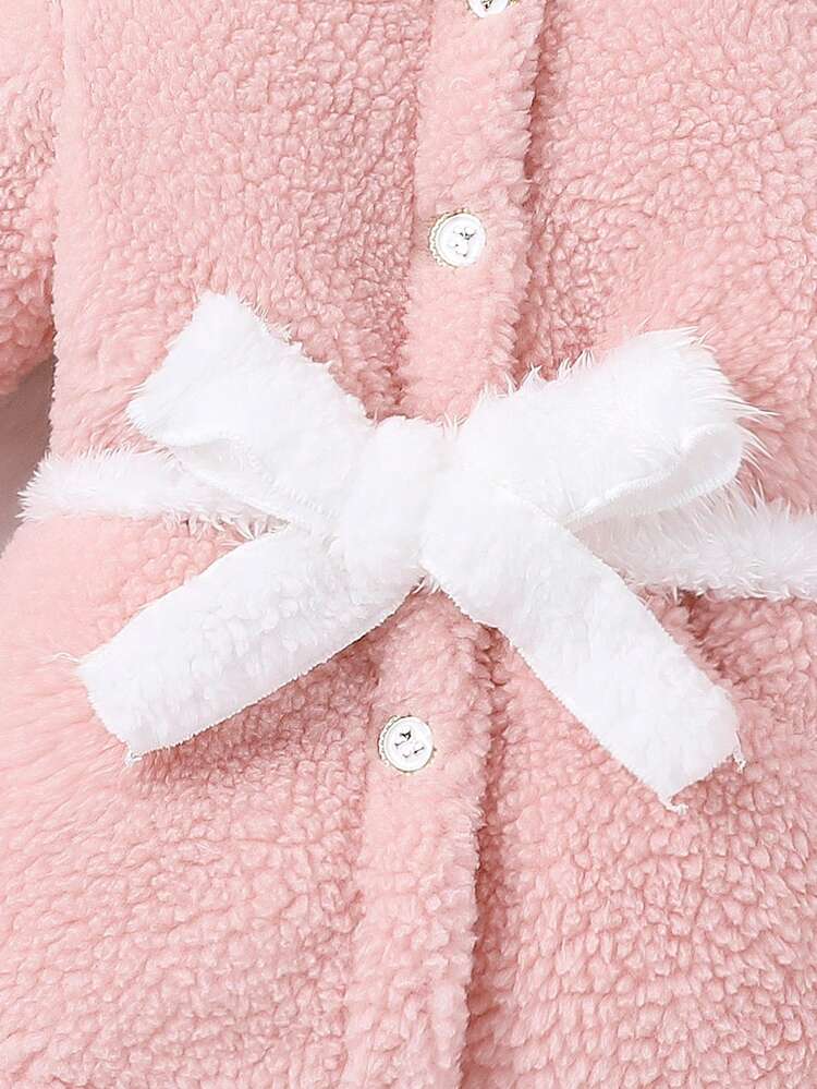 Baby Girl Contrast Borg Collar Belted Teddy Coat