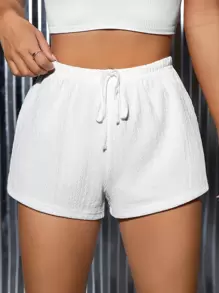 SHEIN PETITE Solid Drawstring Waist Shorts - White - View 1