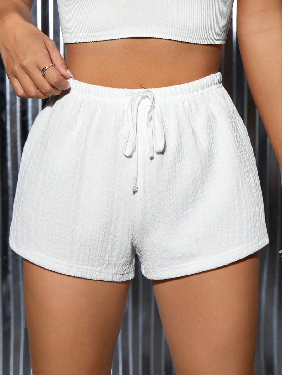SHEIN PETITE Solid Drawstring Waist Shorts - White - View 1