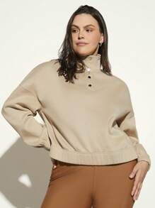 SHEIN BASICS Sudadera acogedora de polar con medio botón y hombros caídos - Albaricoque - Ver 4