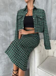 EURMUSE 格紋印花落肩袖夾克&高衩半身裙 - 彩色 - 查看 4