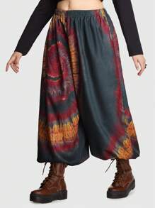 ROMWE Hippie Plus Tie Dye Elastic Waist Lantern Sleeve Pants - Multicolor - View 5