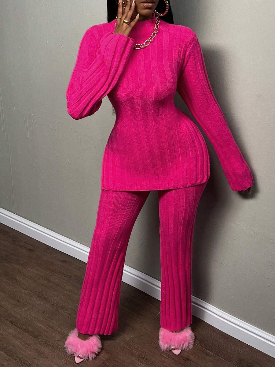 Slaydiva Mock Neck Split Hem Sweater & Knit Pants - Hot Pink - View 1