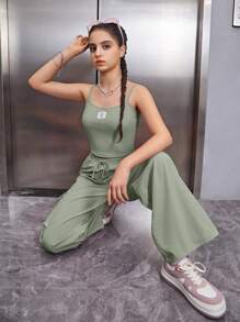 SHEIN Leap Crew 青少年女孩字母貼布背心上衣和側翻蓋口袋腰部抽繩長褲 - 薄荷綠 - 查看 6
