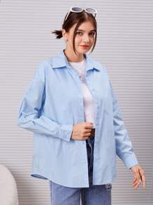 SHEIN Teen Girl Solid Split Back Drop Shoulder Shirt