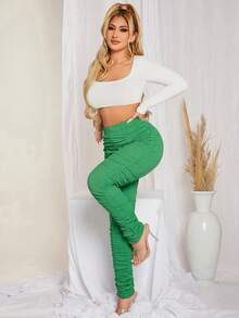 SHEIN SXY Chất rắn Xù Cắt bỏ eo Xù Xà cạp - màu xanh lá - Xem 3
