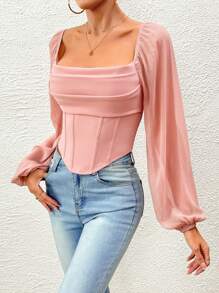 SHEIN Tall 方領燈籠袖不對稱下擺襯衫 - 藕粉色 - 查看 3