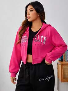 SHEIN EZwear Plus Size Letter Graphic Zip Up Sweatshirt - Hot Pink - View 3