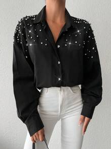 RueChic 仿珍珠串珠落肩衬衫 - 黑色 - 查看 1