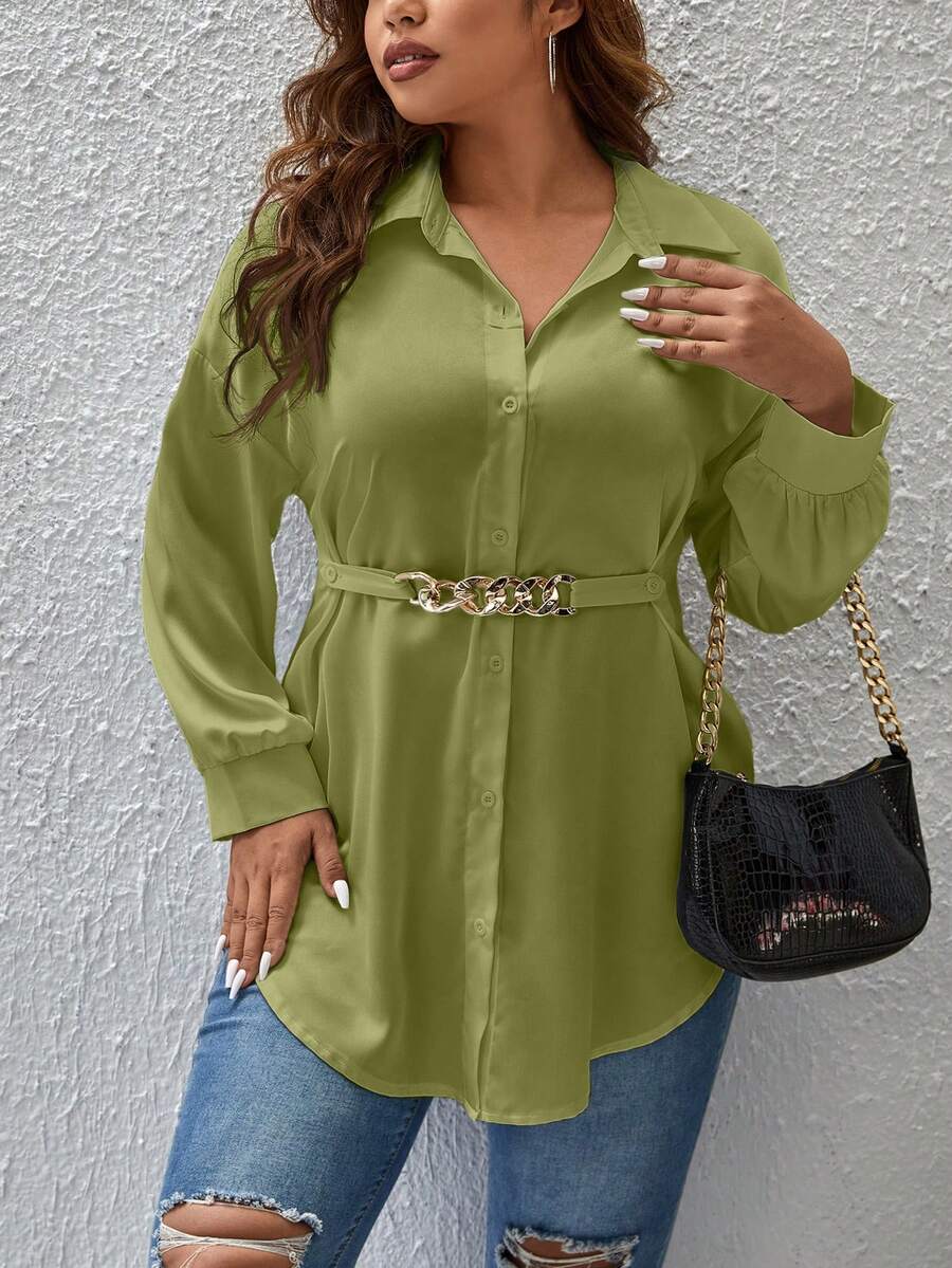 SHEIN Privé Plus Drop Shoulder Metal Linked Waist Curved Hem Blouse - Green - View 1