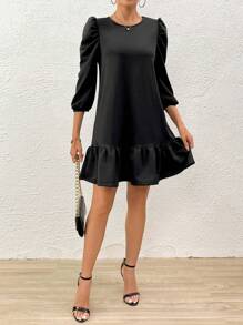 SHEIN Clasi Puff Sleeve Ruffle Hem Smock Dress - Black - View 3