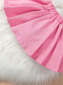 Baby Girl Letter Graphic Bear Doll Decor Bomber Jacket & Pleated Skirt - Pink - View 8