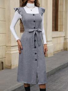 Chiquease Ruffle Trim Button Front Belted Dress Without Sweater - Grey - View 5