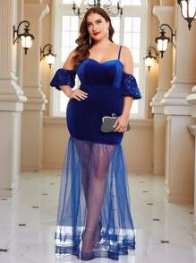 SHEIN Belle Hơn Vai lạnh Lưới tương phản Nàng tiên cá Hem Nhung Váy phù dâu - Màu xanh lam - Xem 2