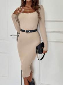 SHEIN Clasi Cổ vuông Viền chia cắt Đầm Áo len - Màu be - Xem 3