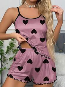 Miss Vinta Heart Print Lettuce Trim PJ Set / Pajama Set - Dusty Pink - View 4