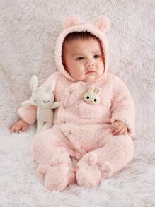SHEIN Baby Girl Rabbit Patched D Ear Design Hooded Teddy Jumpsuit - Pink - View 6