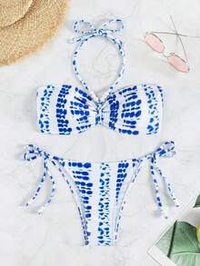 Tie Dye Halter Tie Side Bikini Set - Multicolor - View 7