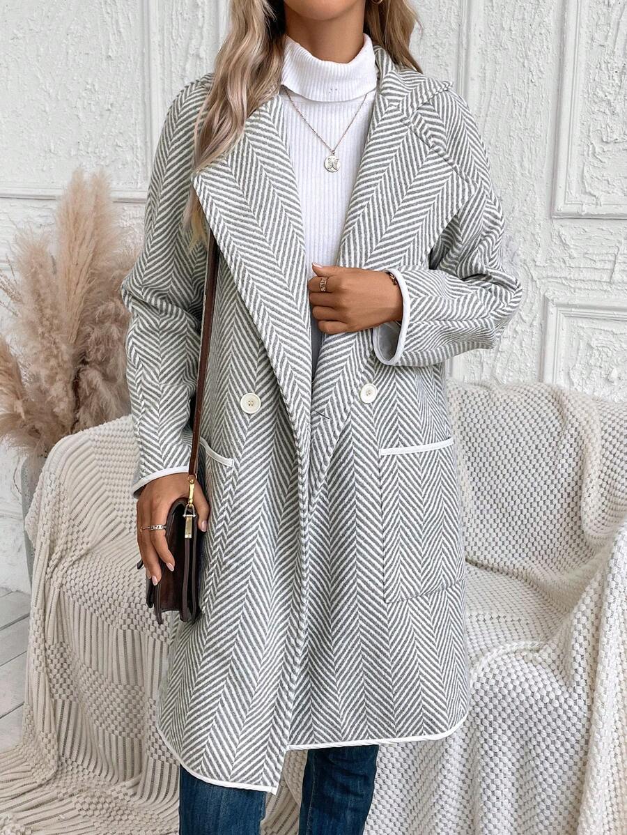 SHEIN LUNE Chevron Pattern Lapel Neck Double Breasted Dual Pocket Coat - Grey - View 1