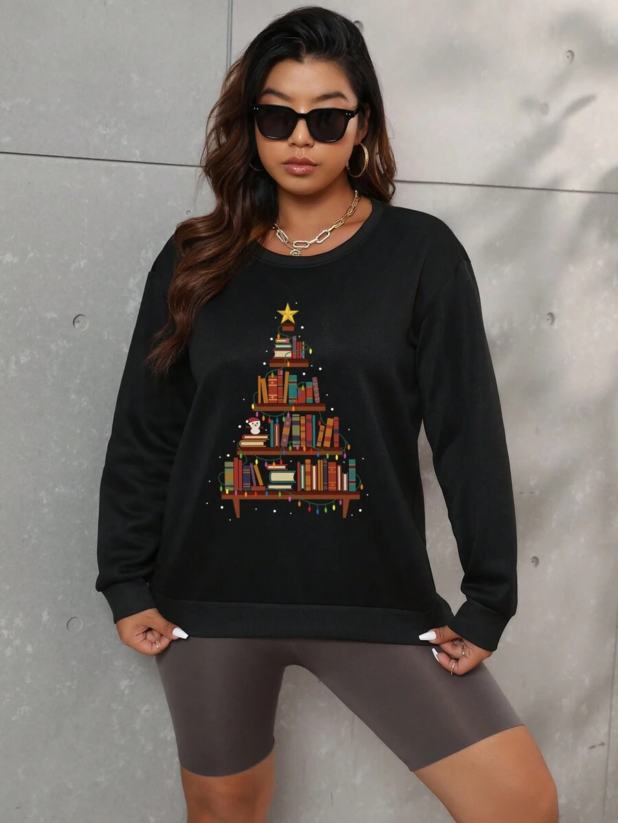 Calvaya 大碼建築物圖案落肩袖運動衫 - 黑色 - 查看 1