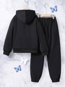 SHEIN 女大童1入組蝴蝶圖案拉鏈連帽衫和1入組衛褲 - 黑色 - 查看 2