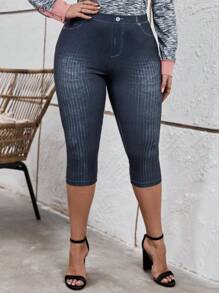 SHEIN LUNE Cộng với quần legging Capri lưng cao - Màu xám đen - Xem 6