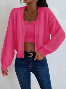 SHEIN Unity 素色針織吊帶短上衣&落肩袖開襟開衫 - 玫紅色 - 查看 5