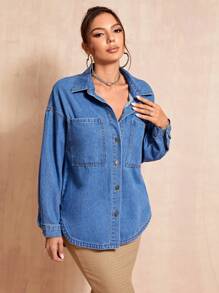 SHEIN BAE 落肩袖口袋貼布牛仔襯衫 - 深色水洗藍 - 查看 1