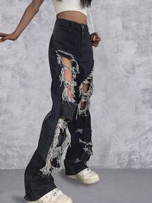High Waist Ripped Straight Leg Jeans - Black - View 3