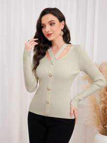 Modelyn Cut Out Button Front Sweater Knit Pullover Fall Winter Outfit