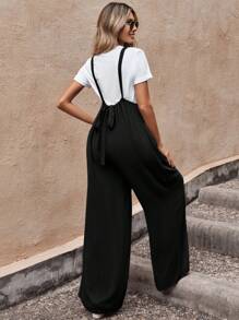SHEIN LUNE Solid Wide Leg Suspender Jumpsuit Without Tee - Black - View 2
