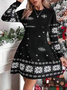 SHEIN LUNE Christmas Snowflake Pattern Sweater Dress - Black and White - View 3