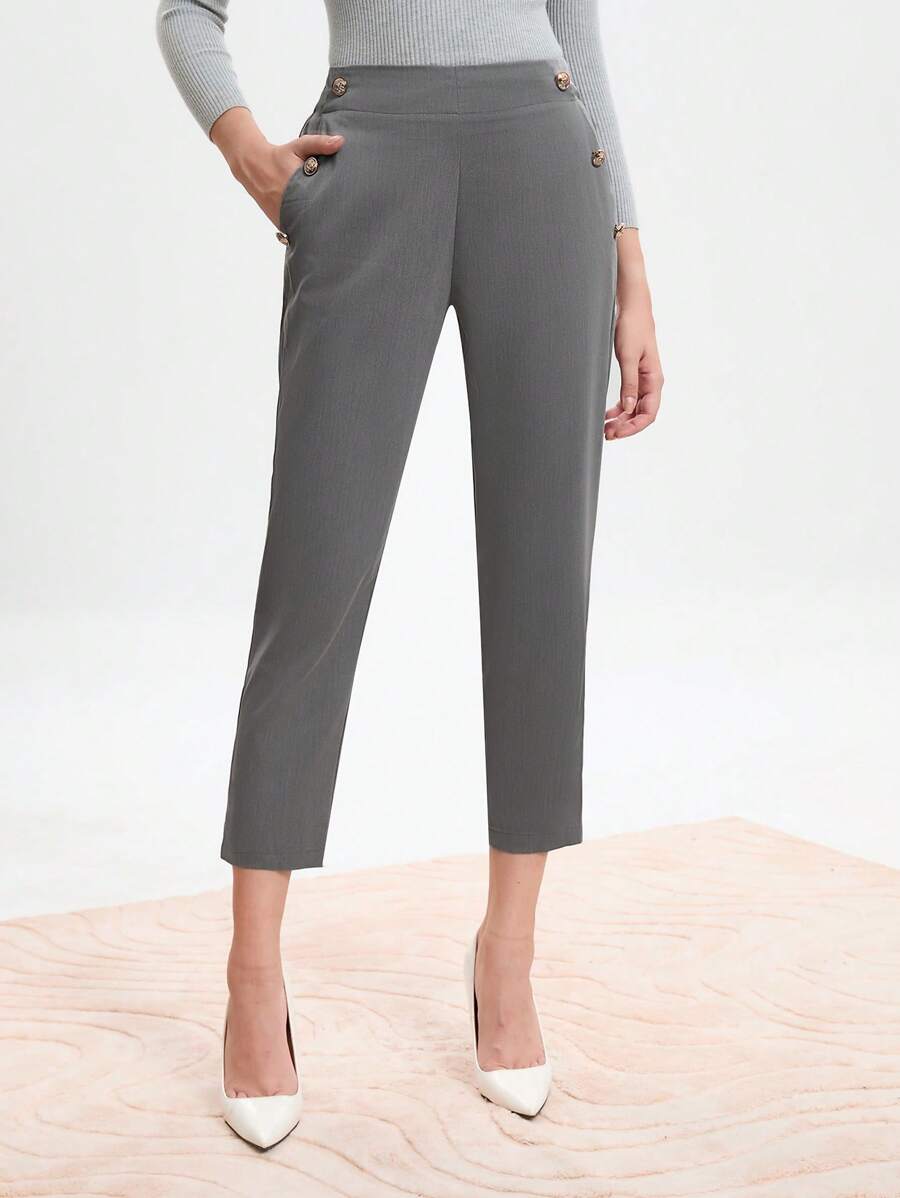 SHEIN BIZwear Button Detail Slant Pocket Cropped Suit Pants - Grey - View 1