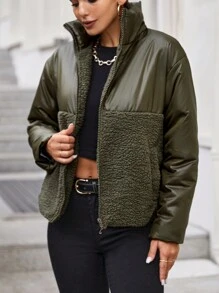 EURMUSE Teddy Panel Zip Up Drop Shoulder Puffer Coat - Khaki - View 4