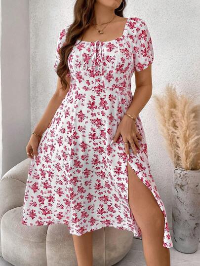 SHEIN Clasi Plus Ditsy Floral Print Knot Front Split Thigh Dress Maxi Women Outfit