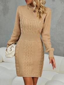 SHEIN Clasi Cable Knit Sweater Dress - Khaki - View 6
