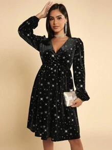 SHEIN Maternity Star Print Lantern Sleeve Velvet Dress - Black - View 1