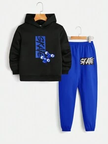 SHEIN Áo hoodie và quần thể thao họa tiết chữ Tween Boy - Xanh đậm - Xem 1