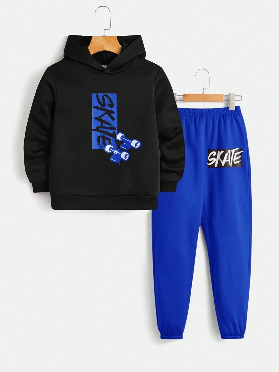 SHEIN Áo hoodie và quần thể thao họa tiết chữ Tween Boy - Xanh đậm - Xem 1