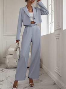 Pariaura Solid Lapel Neck Crop Blazer & Wide Leg Pants