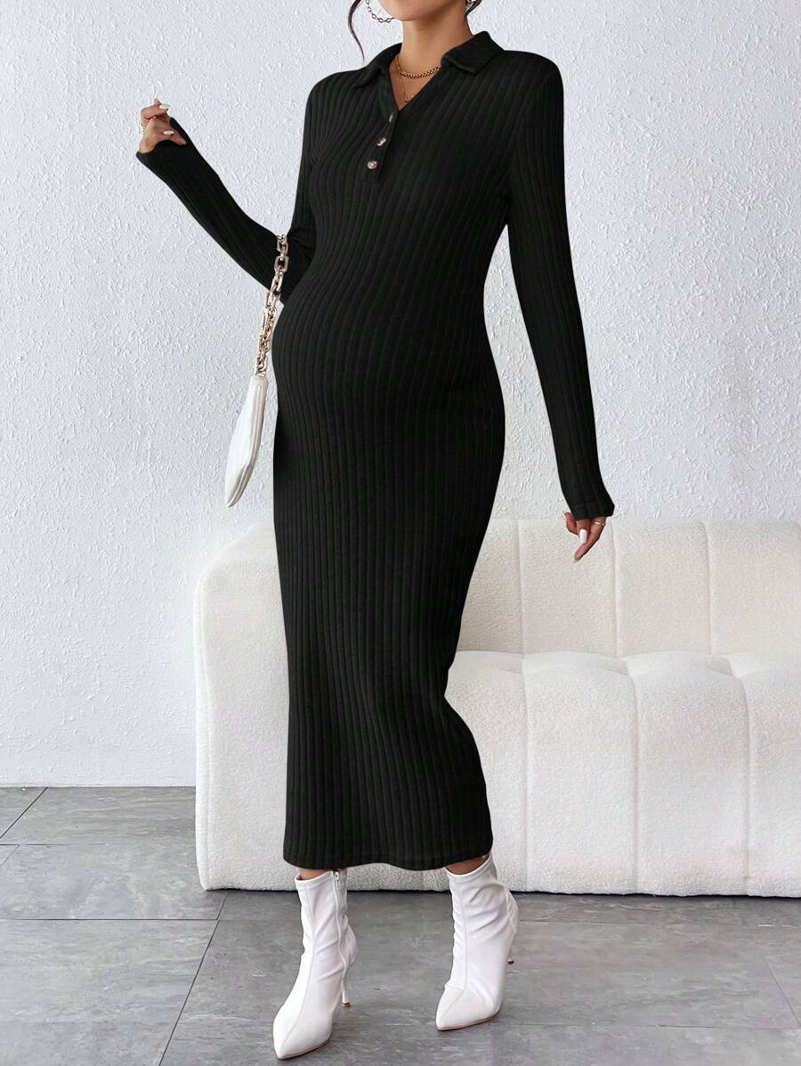 SHEIN Vestido premamá ajustado de punto acanalado con un cuarto de botones - Negro - Ver 1