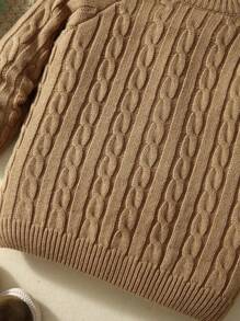 SHEIN 年輕男孩麻花編織插肩袖套頭毛衣 - 卡其色 - 查看 3