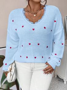 Calvaya Plus Heart Embroidery Eyelash Lace Trim Drop Shoulder Sweater - Mint Blue - View 6