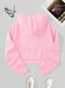 INAWLY Solid Drawstring Crop Thermal Lined Hoodie,Long Sleeve Tops Graduation,Back To School,Graduation,Teacher For Women,Back To School Pullover Fall Sweatshirt - Pink - View 2