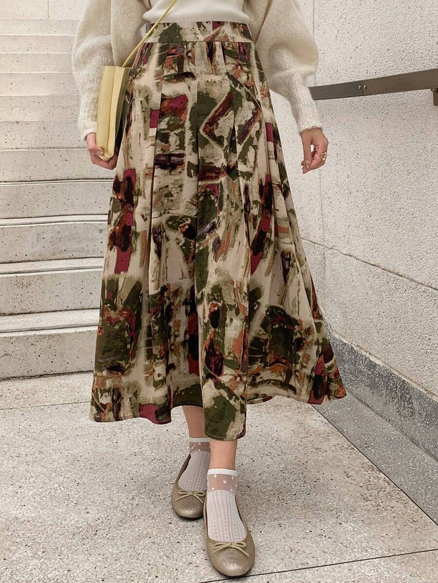 FRIFUL Allover Print Plicated Detail Skirt