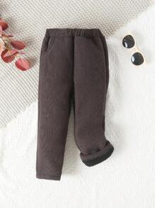 男小童素色斜口袋保暖長褲 - 深灰色 - 查看 1