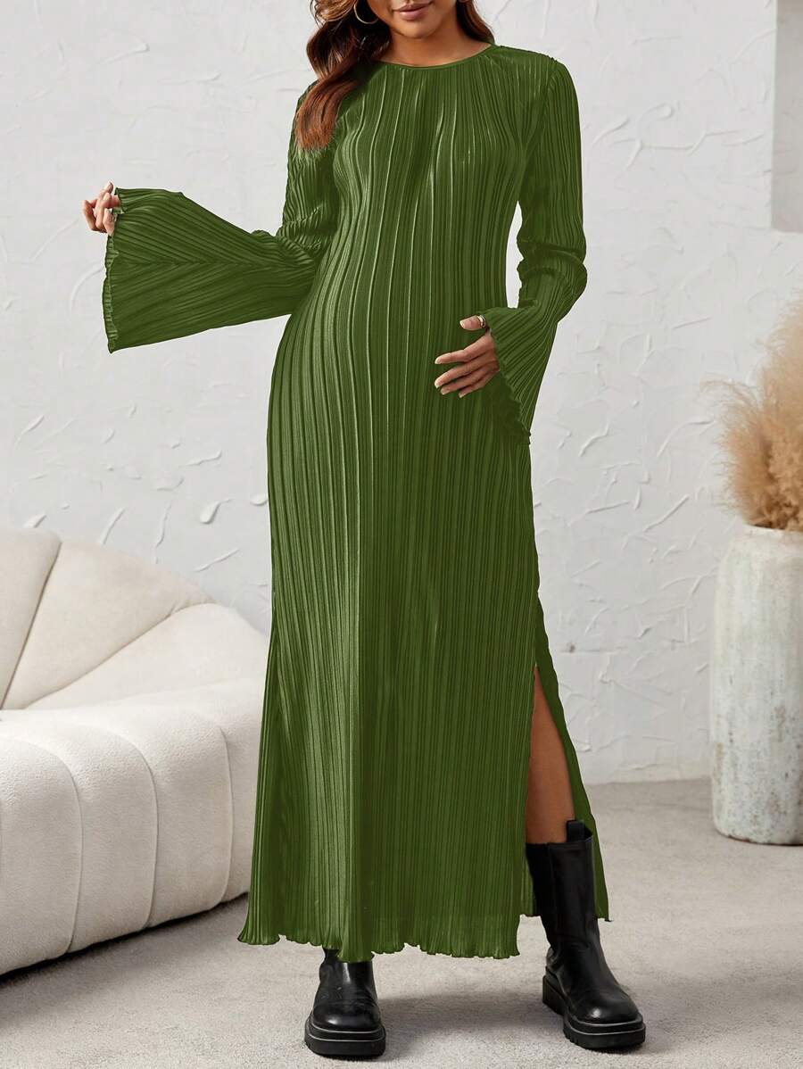 SHEIN 孕婦荷葉袖高衩洋裝 - 綠色 - 查看 1