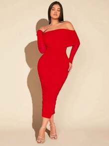 SHEIN SXY 一字肩褶邊網紗緊身洋裝 - 紅色 - 查看 1